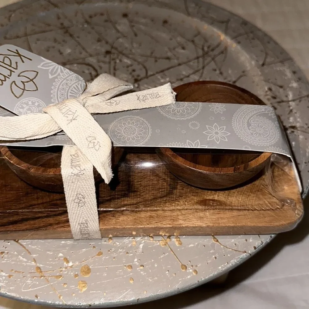 Karma Set of 3 piece Teak Wooden Condiment Dipping Bowls with a Serving Tray
